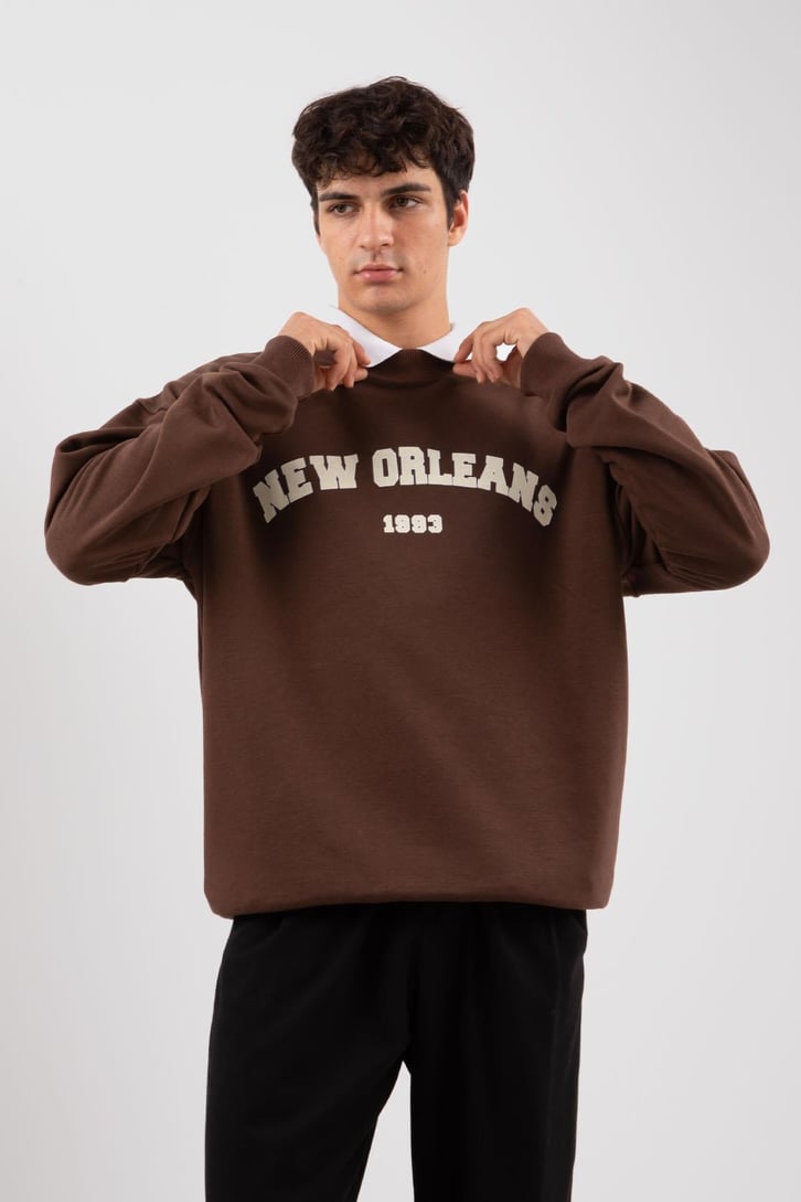New Orleans Baskılı Gri Melanj Sweatshirt