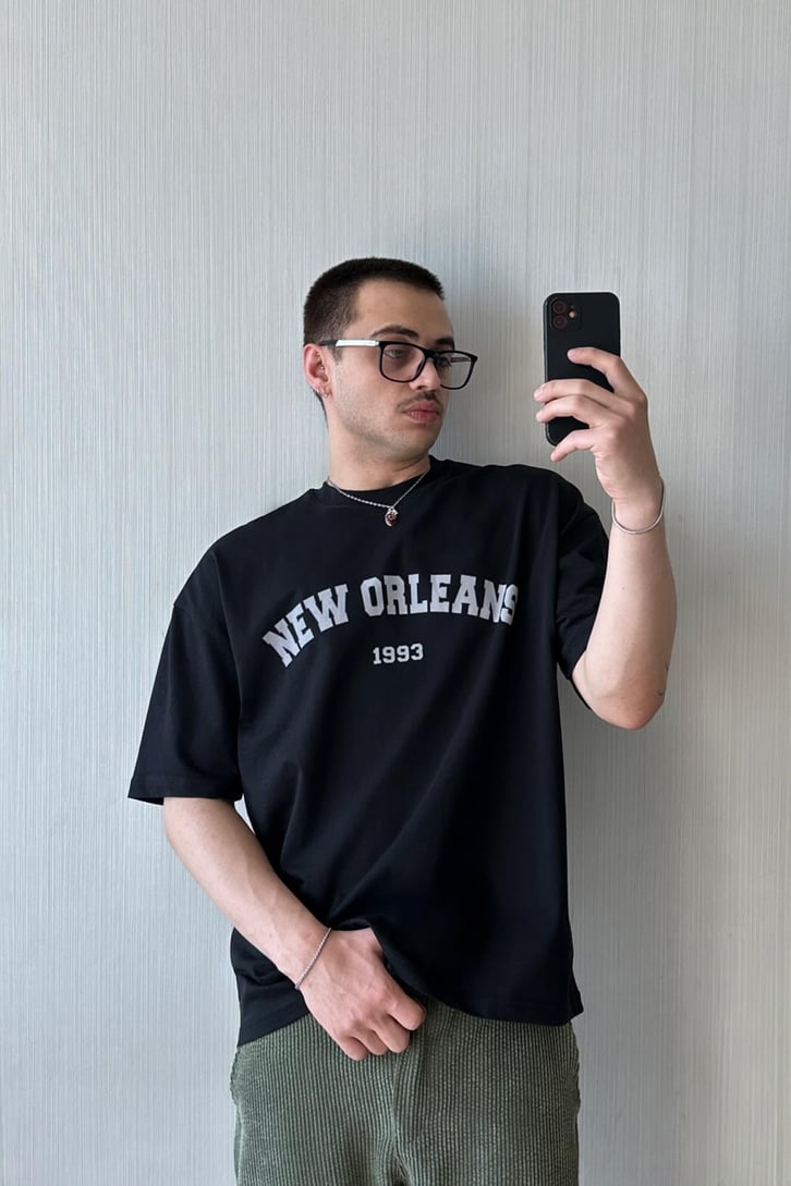 New Orleans Baskılı Siyah Oversize Tişört