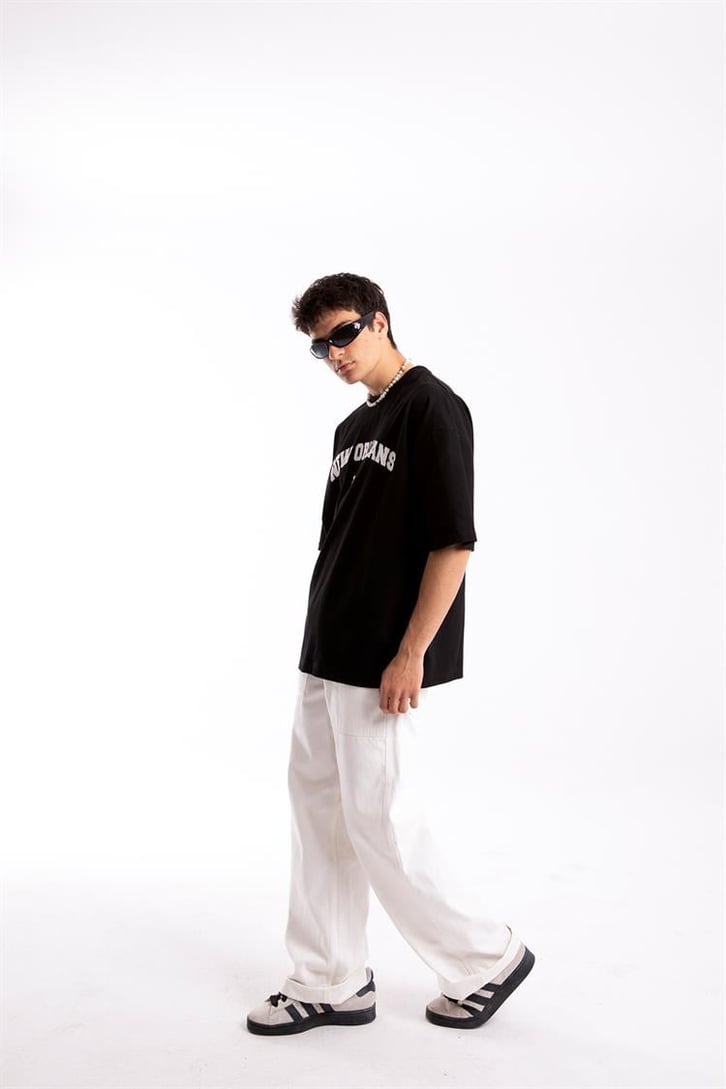 New Orleans Baskılı Siyah Oversize Tshirt