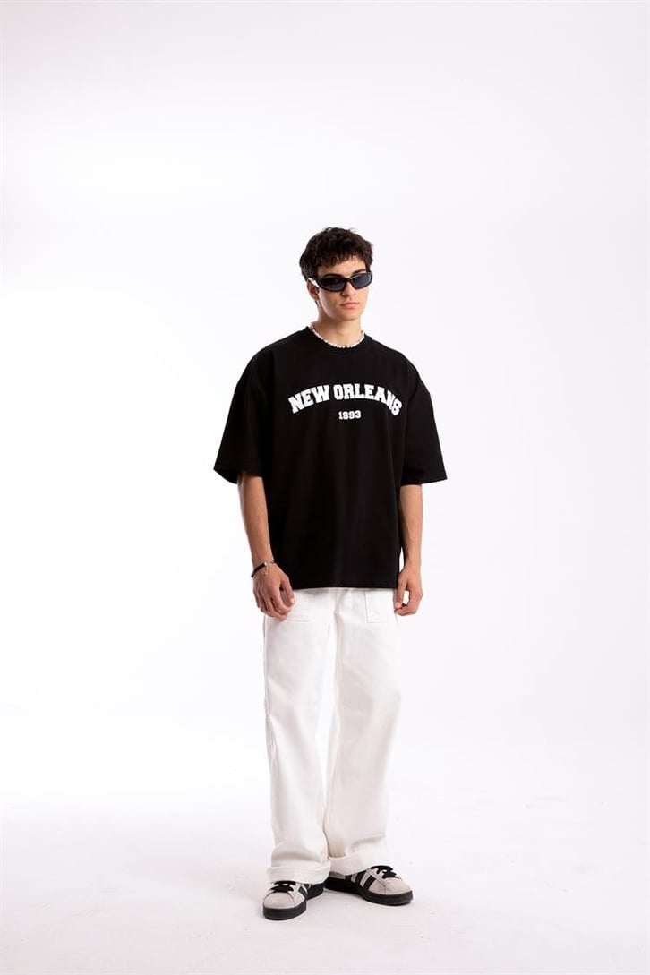 New Orleans Baskılı Siyah Oversize Tshirt