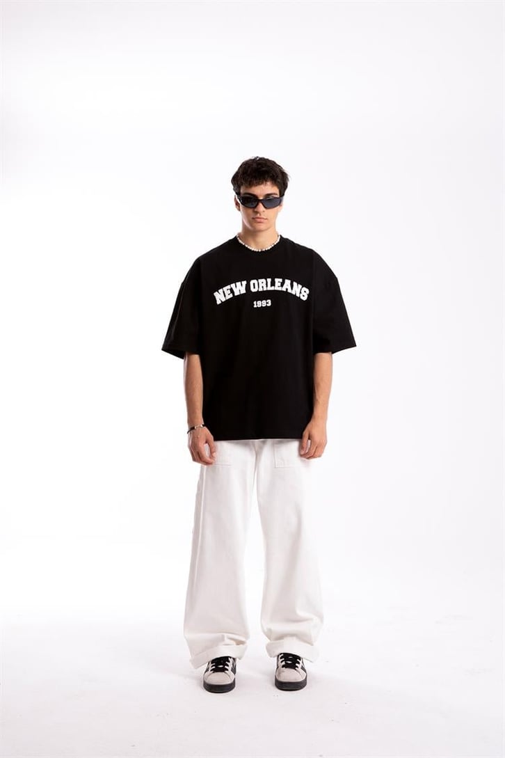 New Orleans Baskılı Siyah Oversize Tshirt