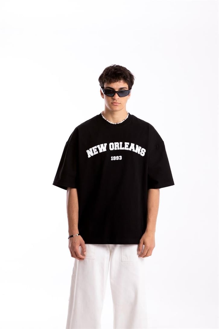 New Orleans Baskılı Siyah Oversize Tshirt