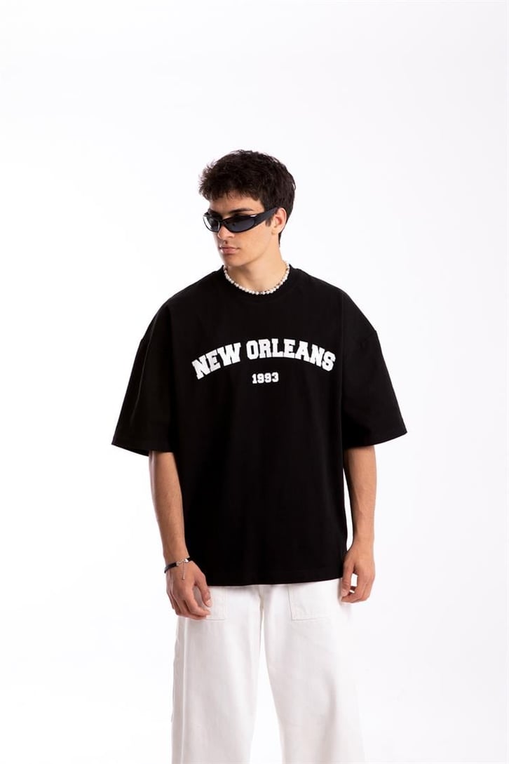 New Orleans Baskılı Siyah Oversize Tshirt