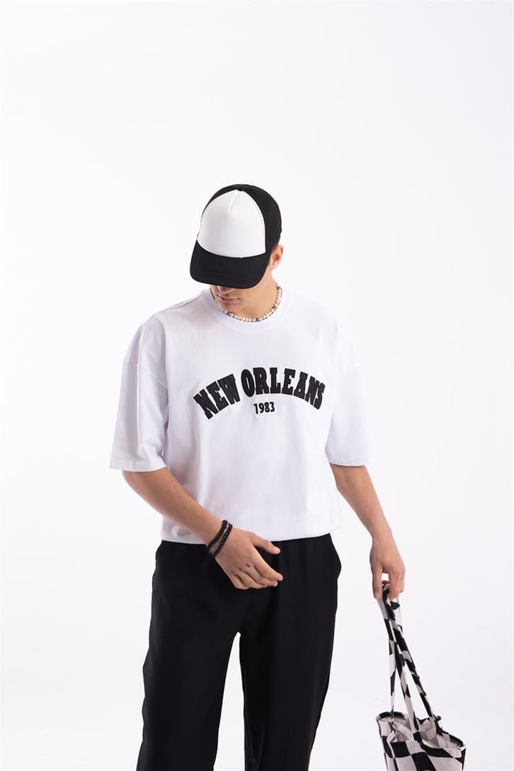 New Orleans Nakışlı Beyaz Oversize Tişört