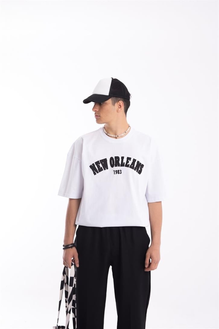 New Orleans Nakışlı Beyaz Oversize Tişört