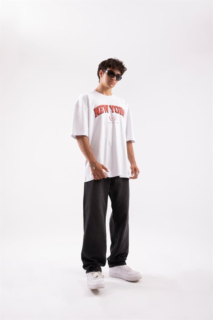 New York Baskılı Beyaz Oversize Tshırt