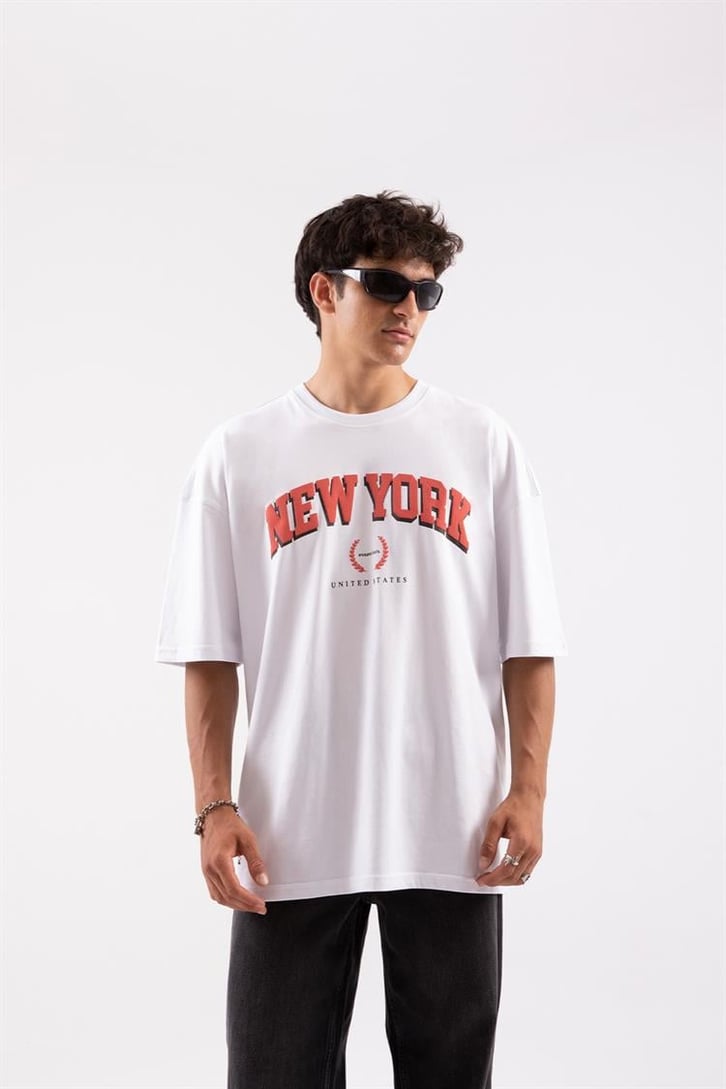New York Baskılı Beyaz Oversize Tshırt
