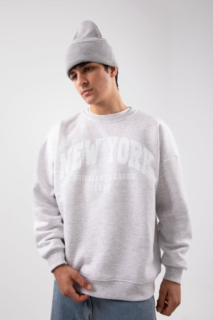 New York Baskılı Gri Oversize Sweatshirt