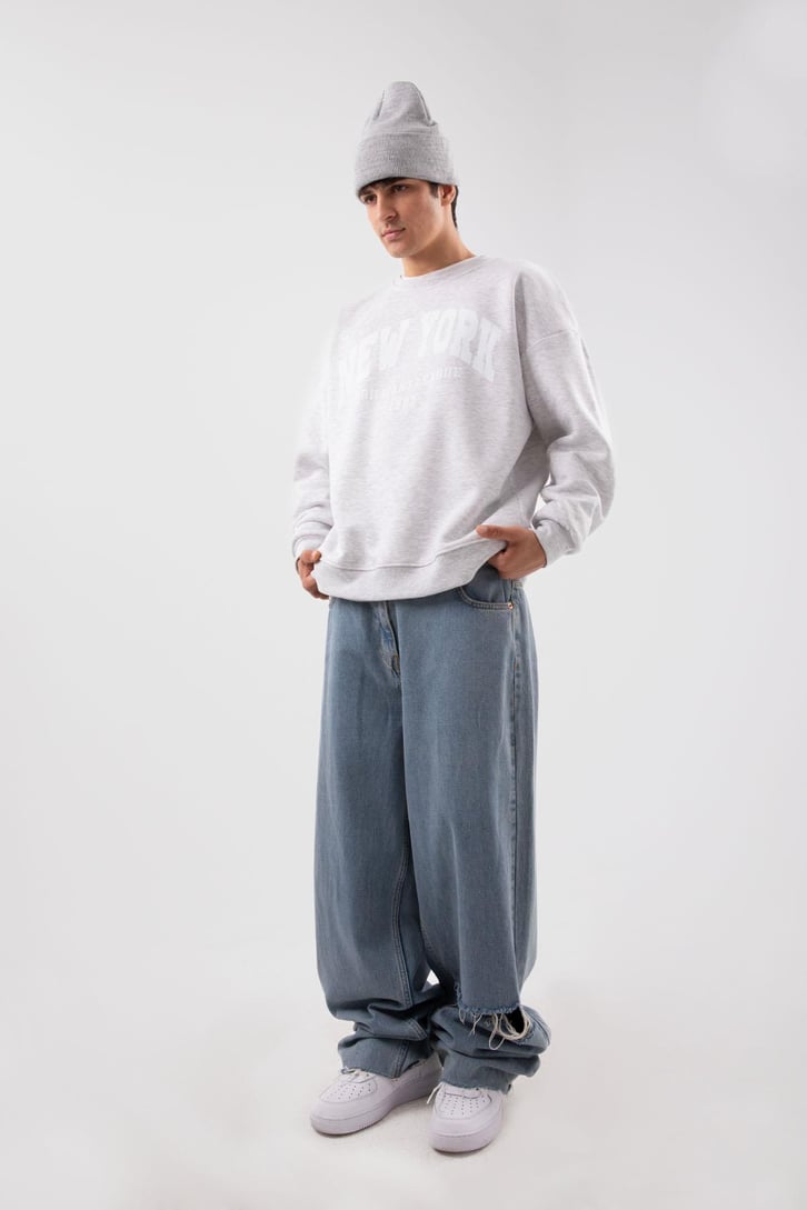 New York Baskılı Gri Oversize Sweatshirt