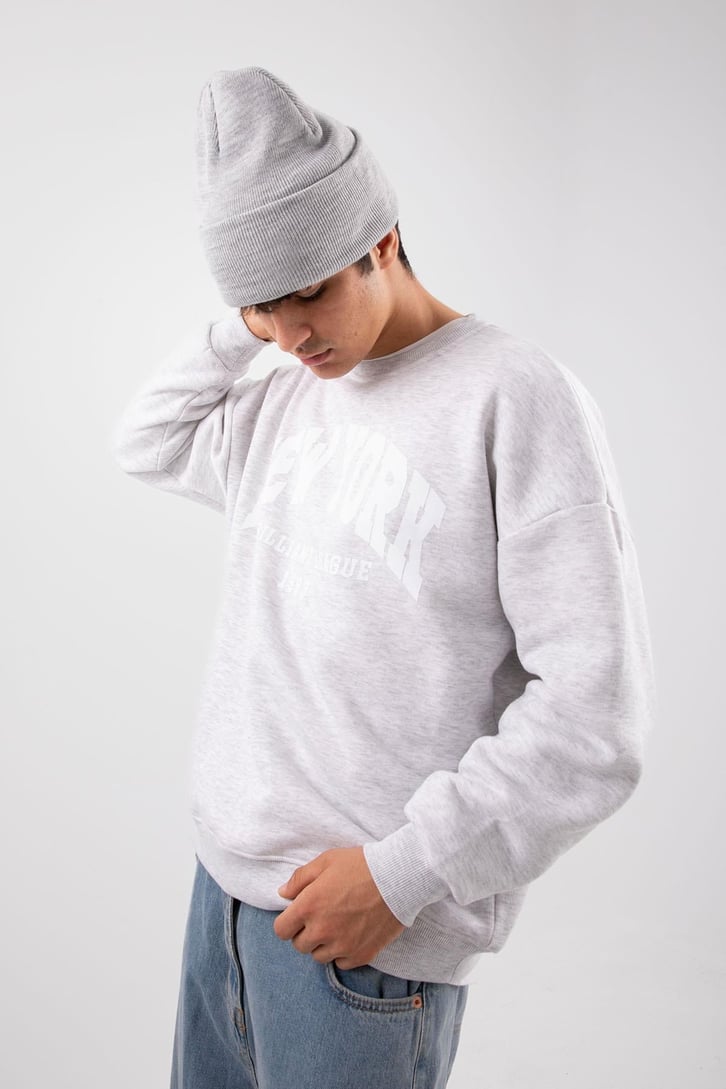 New York Baskılı Gri Oversize Sweatshirt