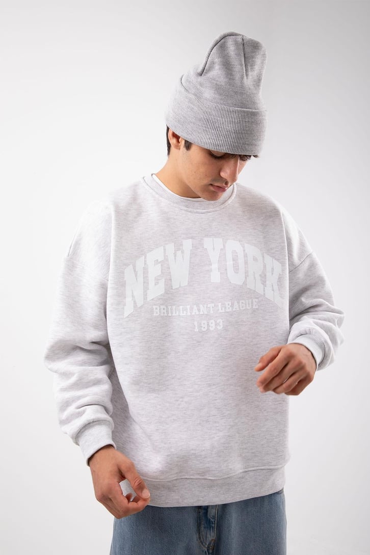 New York Baskılı Gri Oversize Sweatshirt