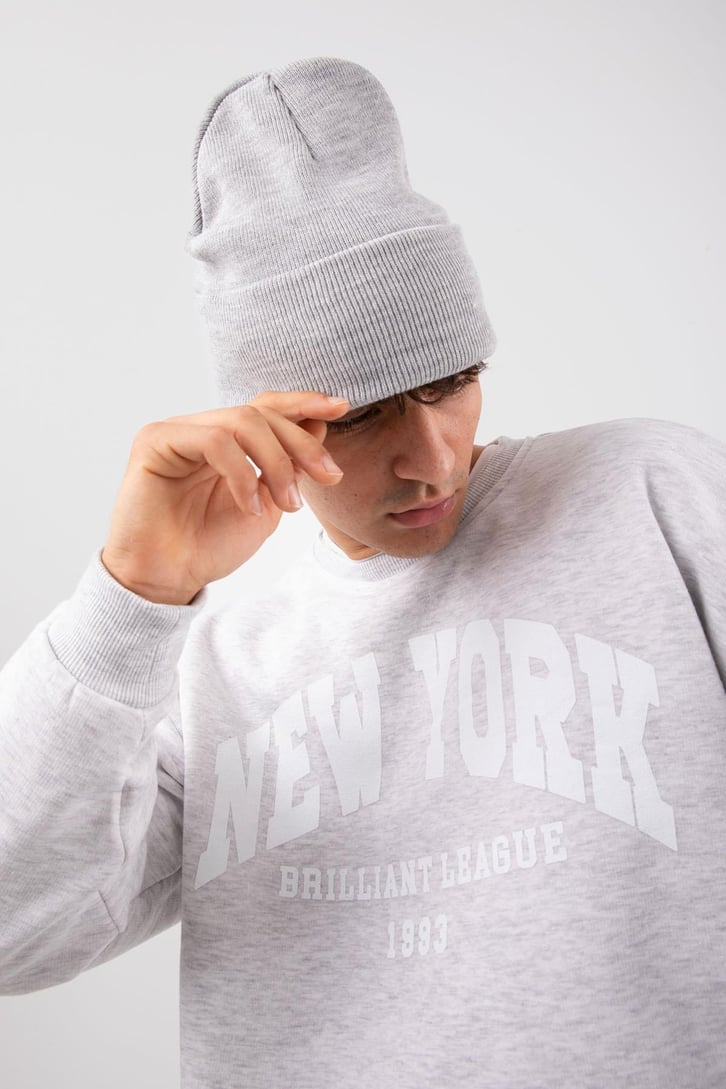 New York Baskılı Gri Oversize Sweatshirt