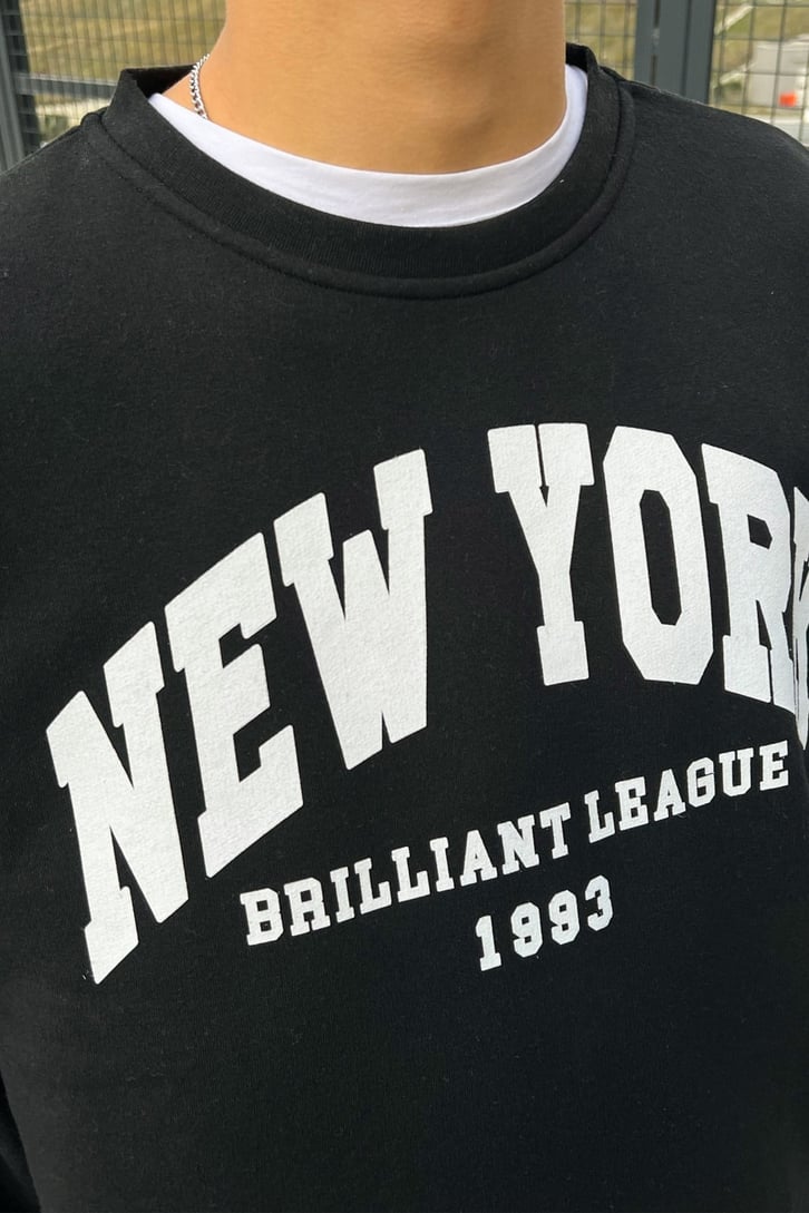 New York Baskılı Siyah Oversize Sweatshirt