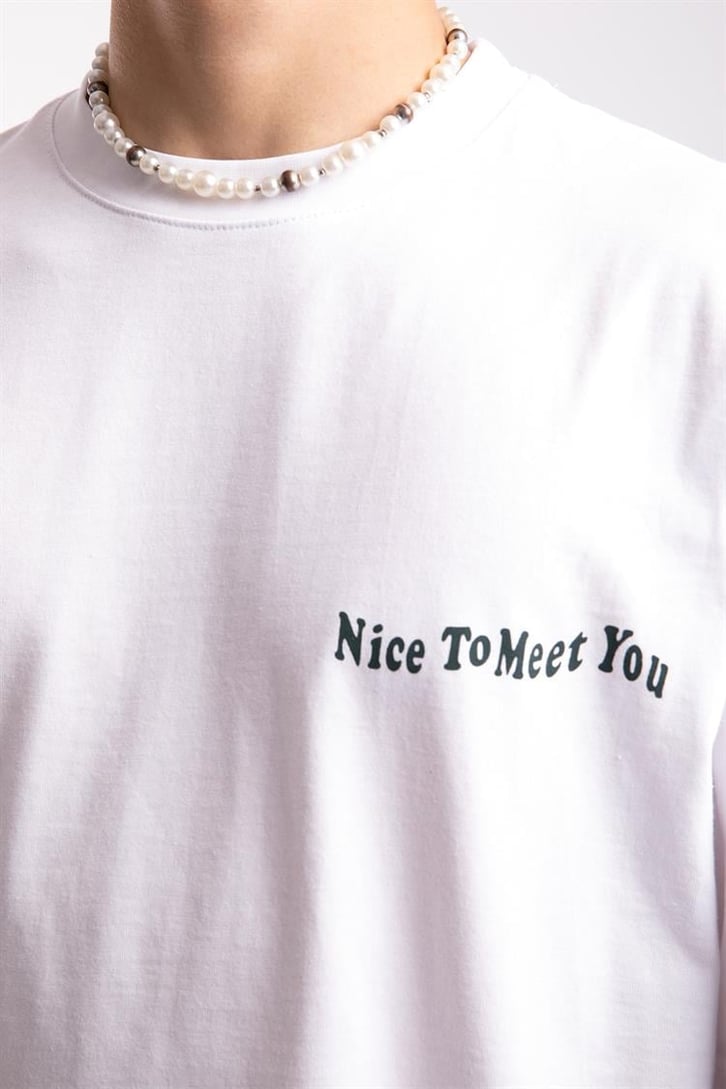 Nice To Meet You Baskılı Beyaz Oversize Tişört