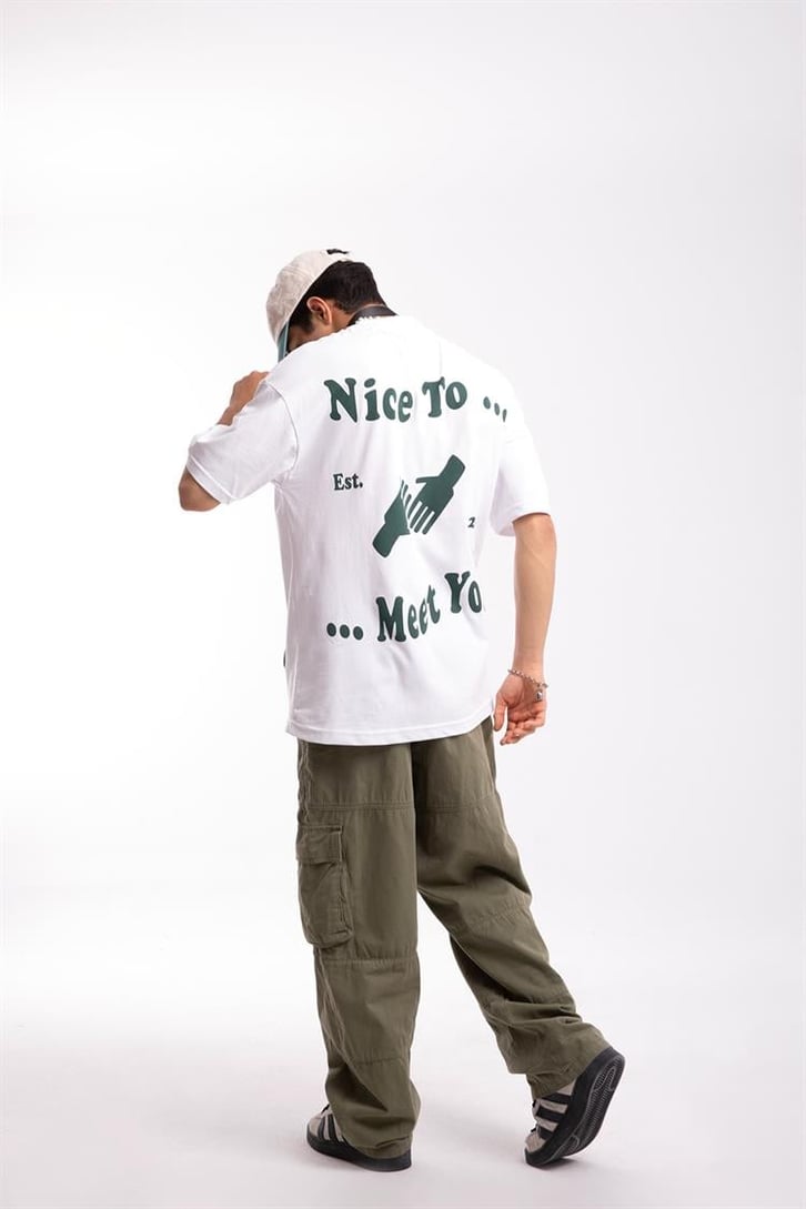 Nice To Meet You Baskılı Beyaz Oversize Tişört