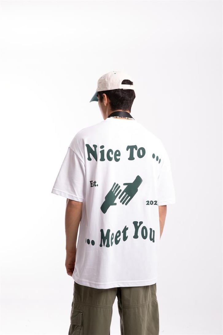Nice To Meet You Baskılı Beyaz Oversize Tişört