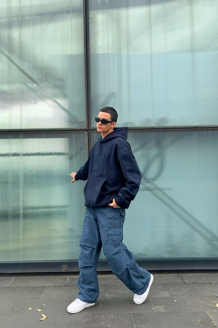 Night Nakışlı Lacivert Oversize Hoodie