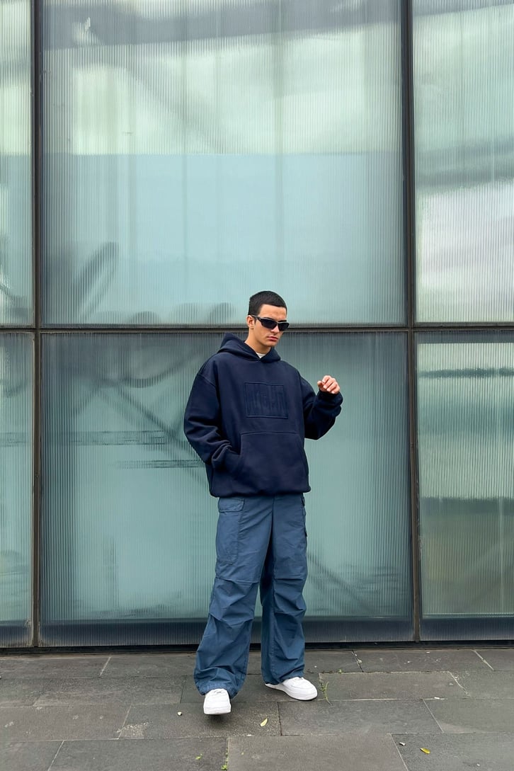 Night Nakışlı Lacivert Oversize Hoodie