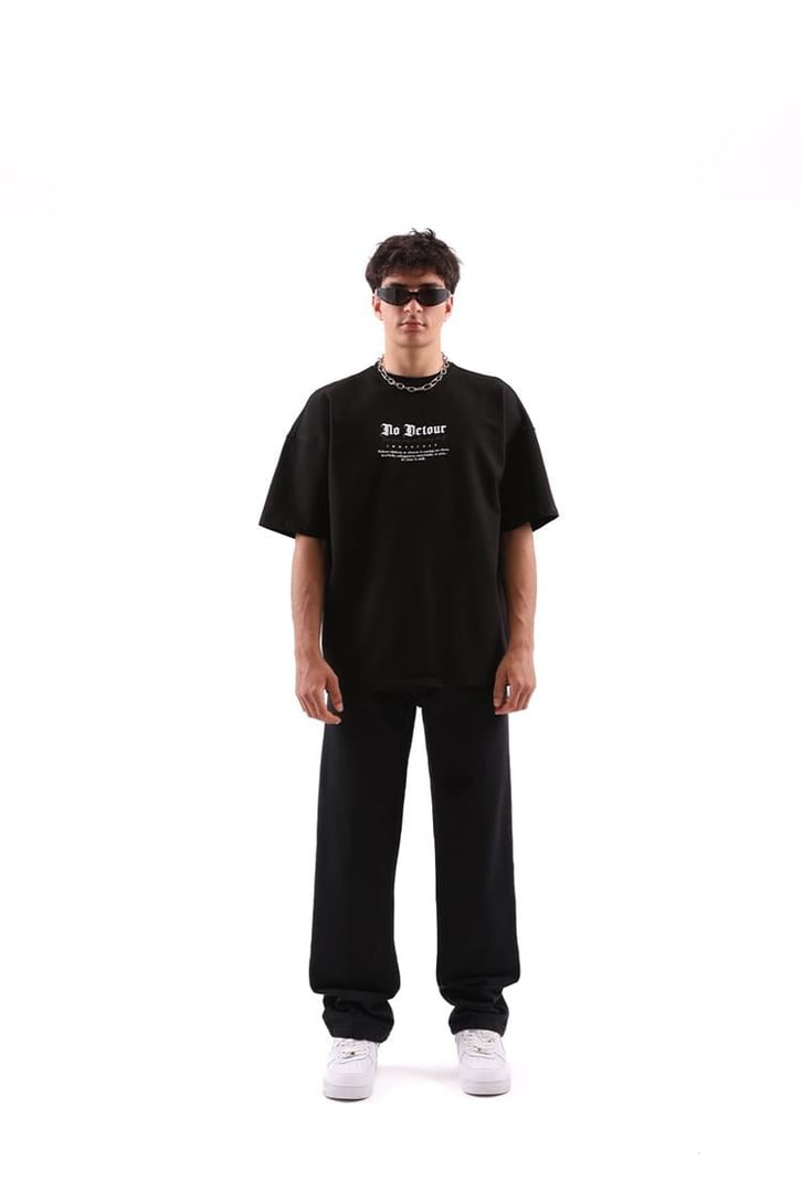 No Detour Baskılı Siyah Oversize Tişört