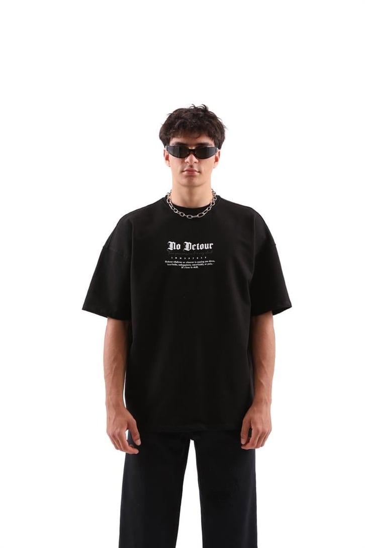 No Detour Baskılı Siyah Oversize Tişört