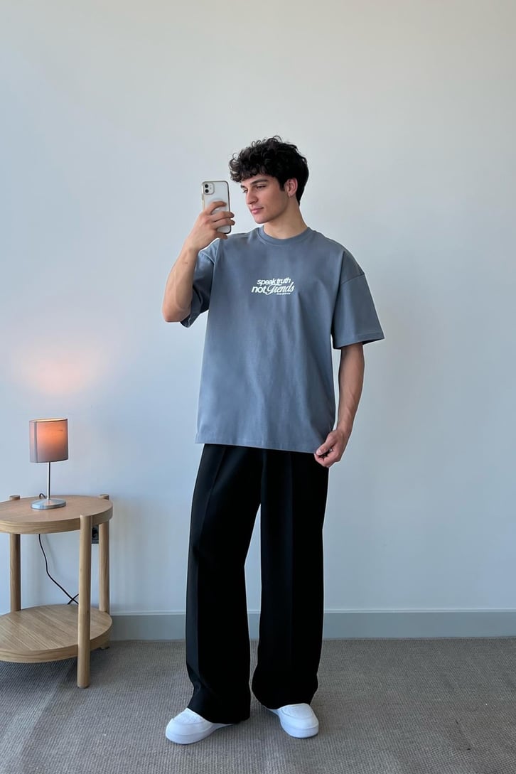 Not Trends Baskılı Füme Oversize Tişört