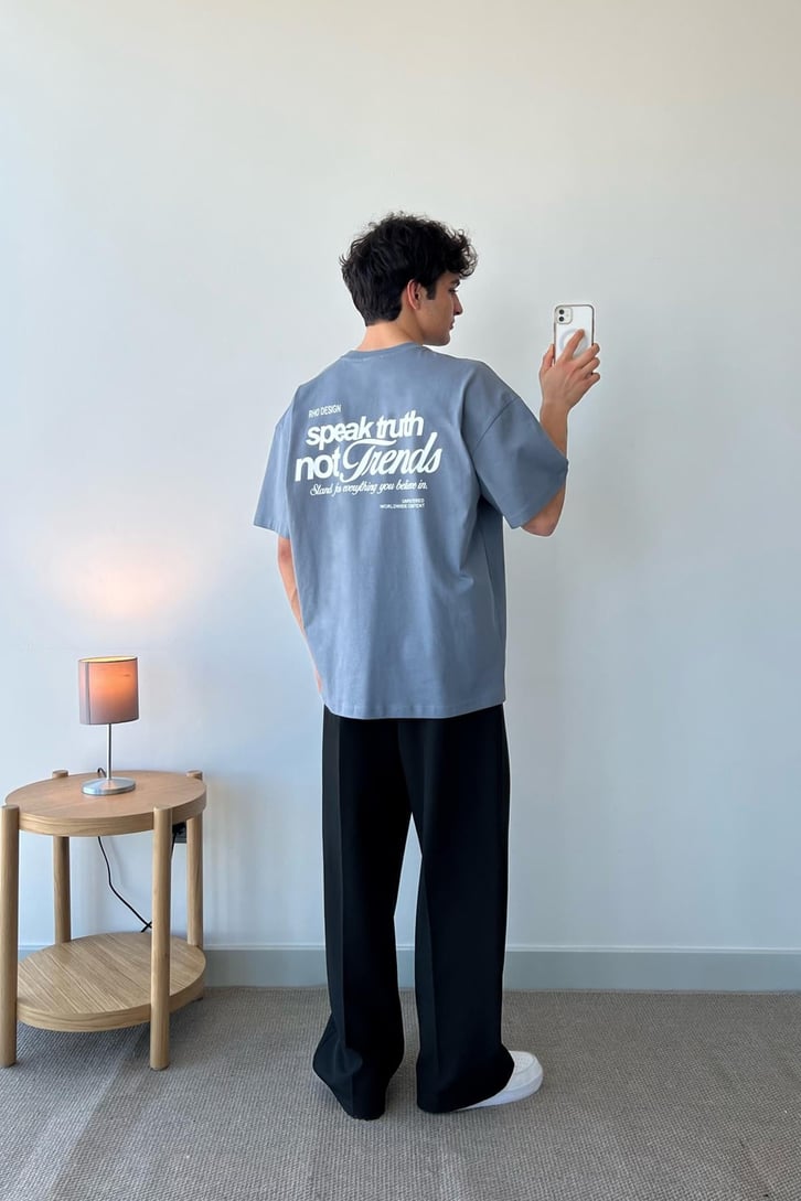 Not Trends Baskılı Füme Oversize Tişört