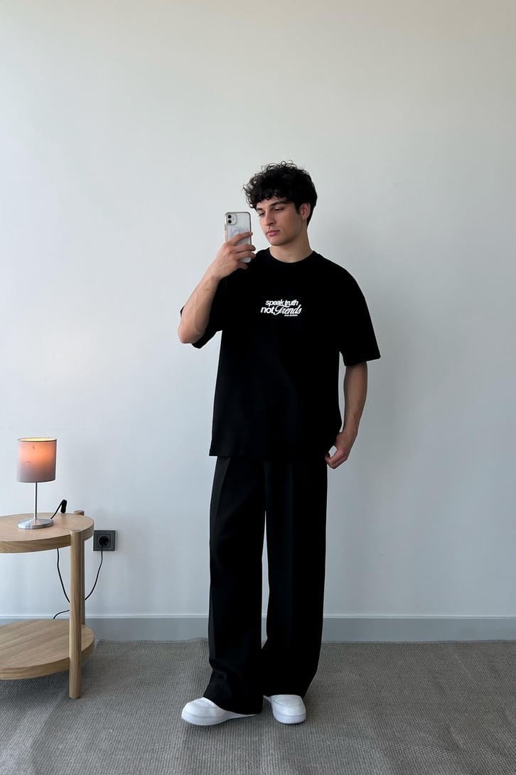 Not Trends Baskılı Siyah Oversize Tişört