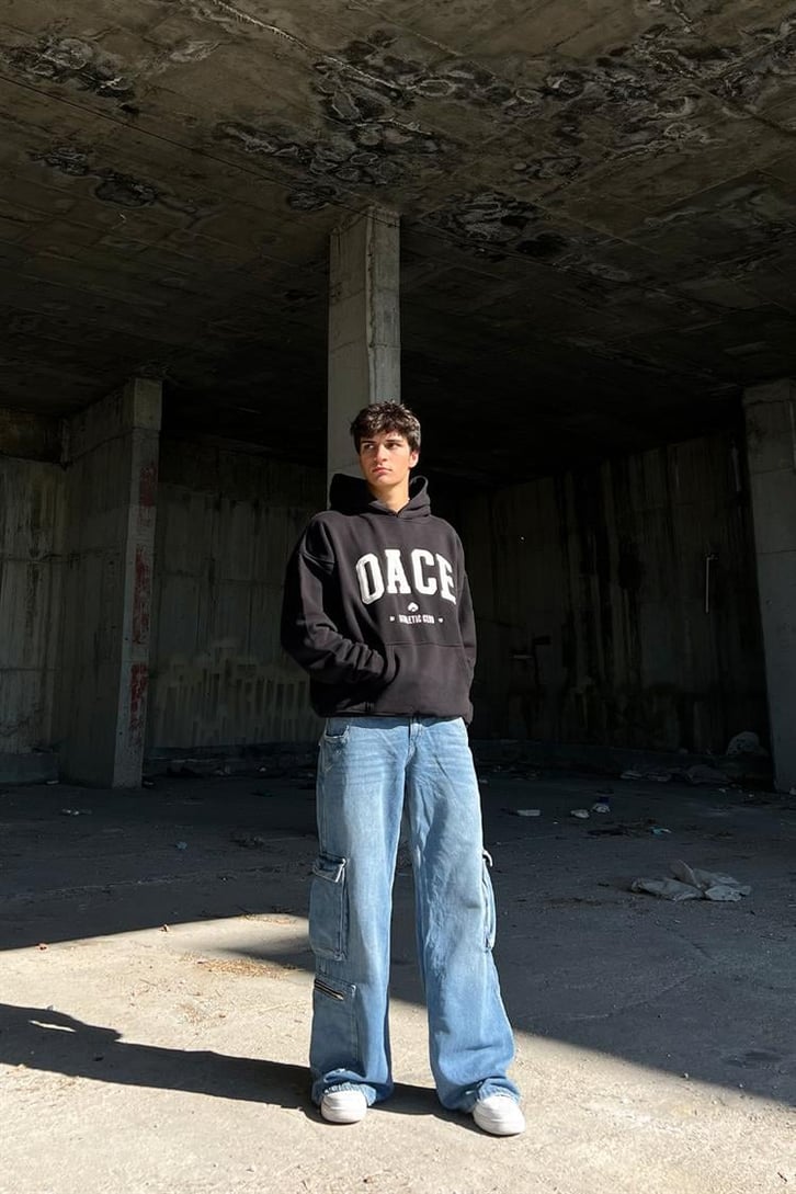 Oace Nakışlı Siyah İçi Pamuklu Oversize Hoodie