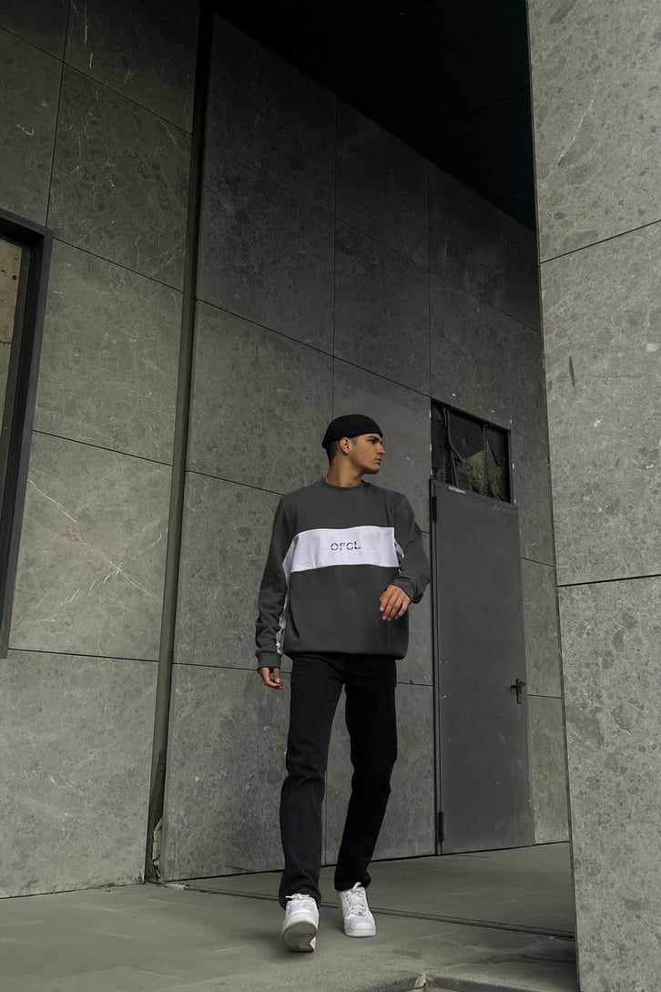 OFCL Nakışlı Koyu Gri Oversize Sweatshirt