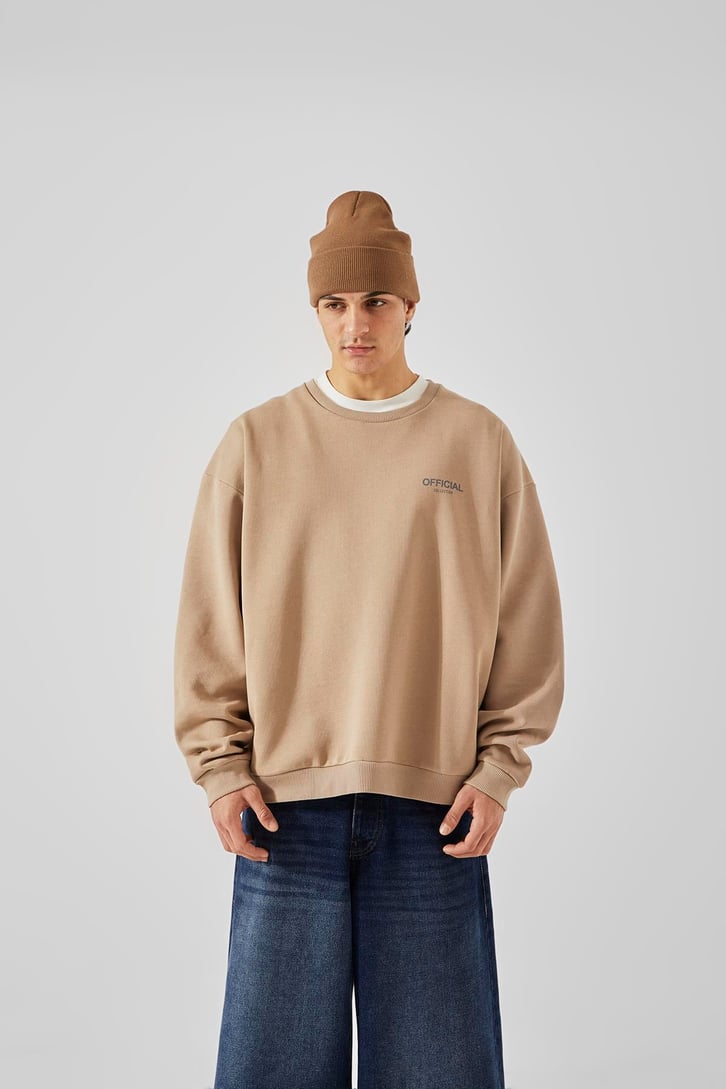 Official Baskılı Sütlü Kahve Oversize Sweatshirt