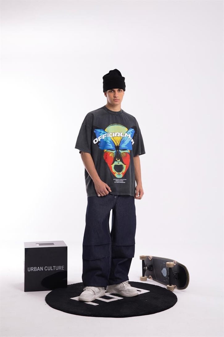 Official Butterfly Baskılı Acid Wash Oversize Tişört