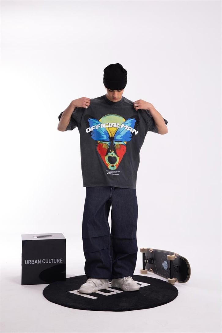 Official Butterfly Baskılı Acid Wash Oversize Tişört