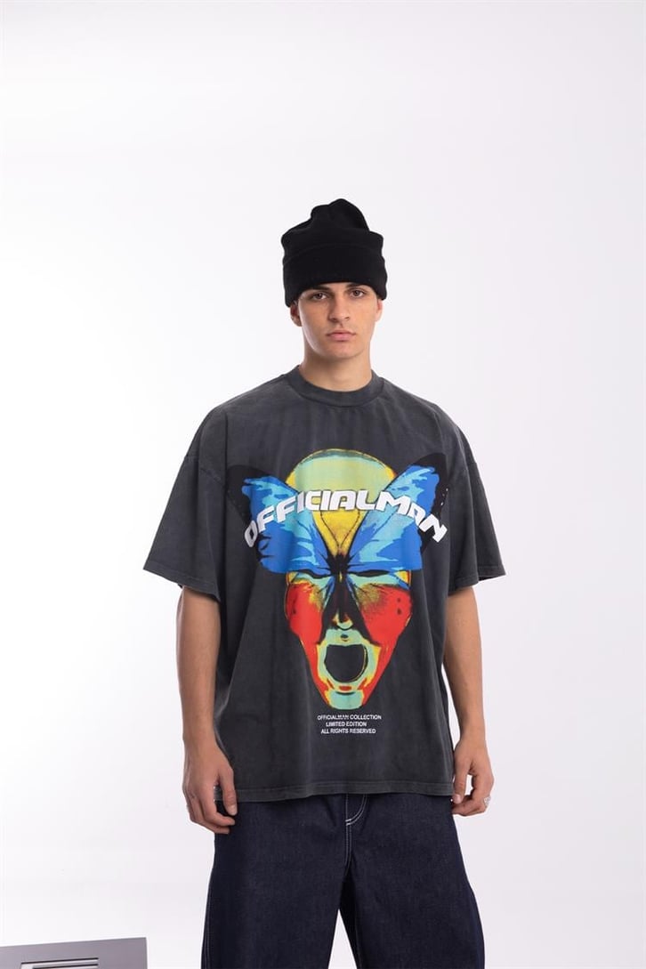 Official Butterfly Baskılı Acid Wash Oversize Tişört