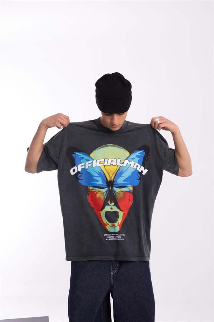 Official Butterfly Baskılı Acid Wash Oversize Tişört