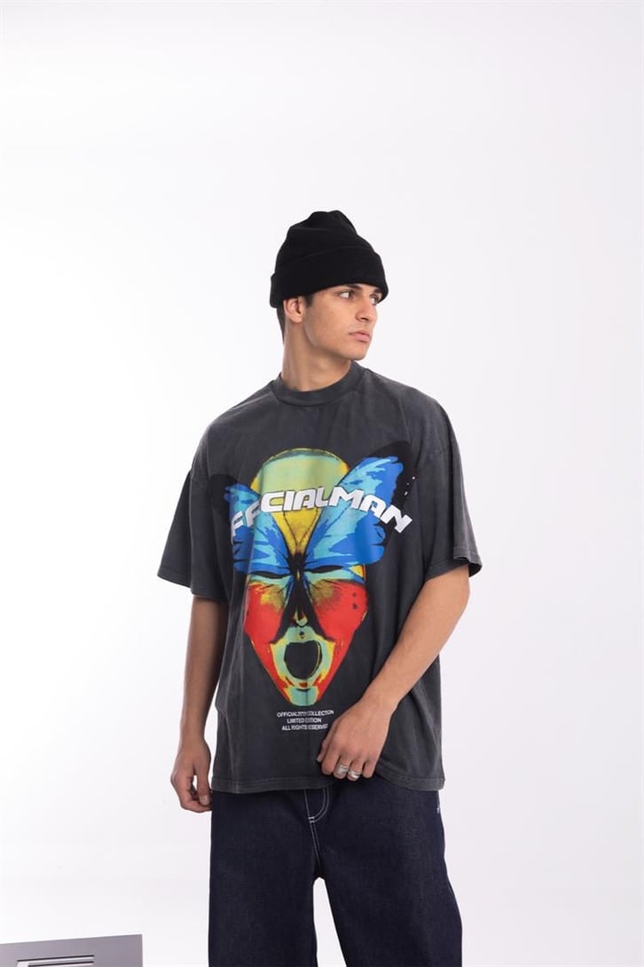 Official Butterfly Baskılı Acid Wash Oversize Tişört