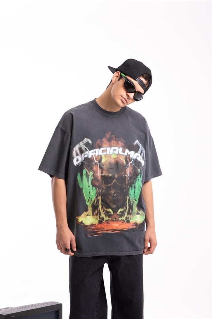Official Skull Acid Wash Oversize Tişört