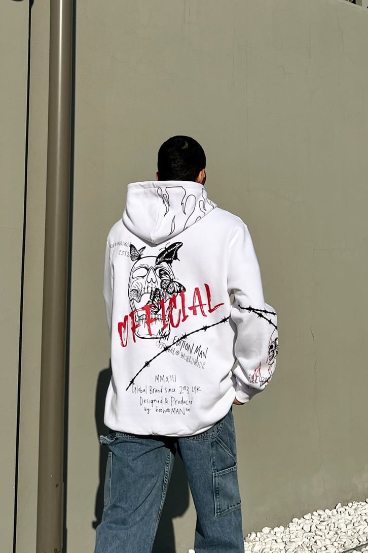 Official Worldwide Baskılı Beyaz Oversize Hoodie