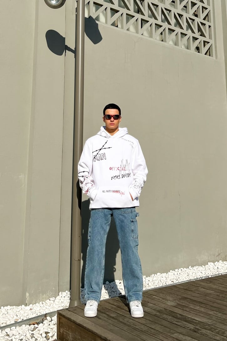 Official Worldwide Baskılı Beyaz Oversize Hoodie