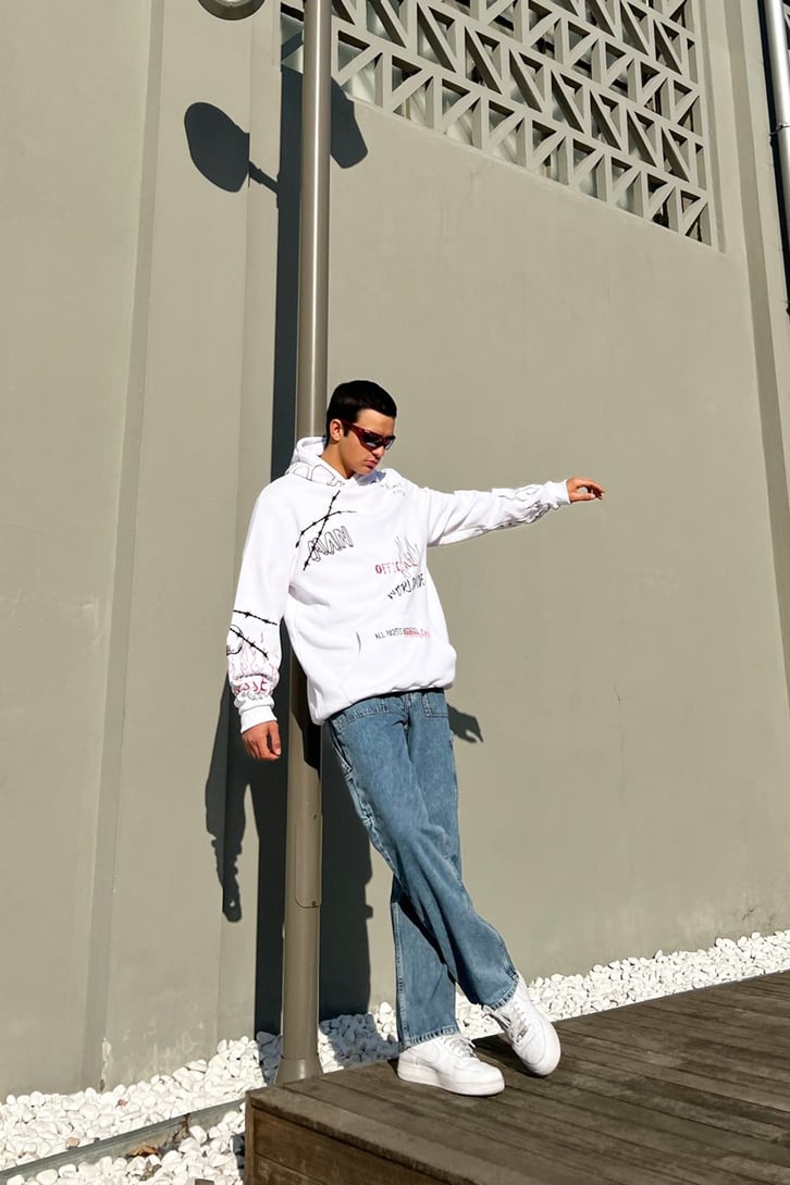 Official Worldwide Baskılı Beyaz Oversize Hoodie