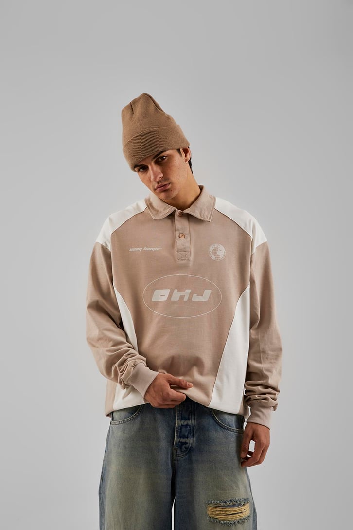 Ohj Baskılı Polo Yaka Bej Long Sleeve Tişört