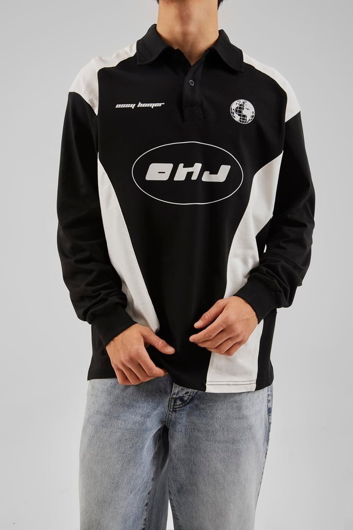 Ohj Baskılı Polo Yaka Beyaz Long Sleeve Tişört