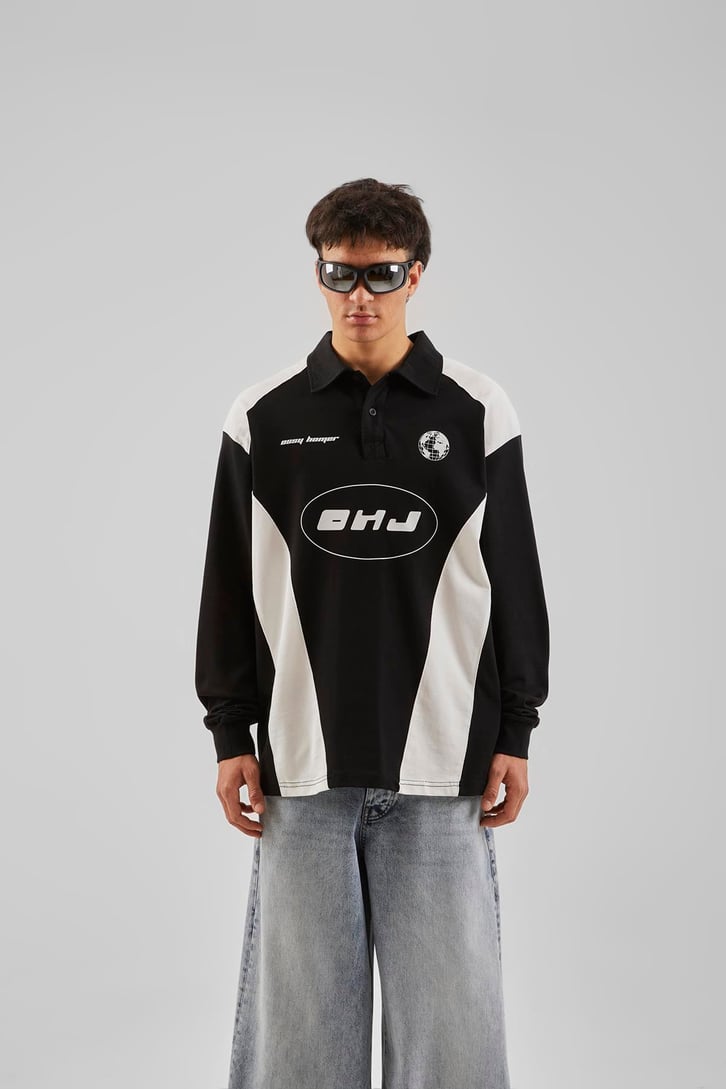 Ohj Baskılı Polo Yaka Beyaz Long Sleeve Tişört
