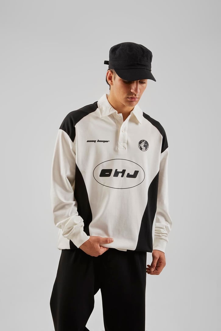 Ohj Baskılı Polo Yaka Beyaz Long Sleeve Tişört