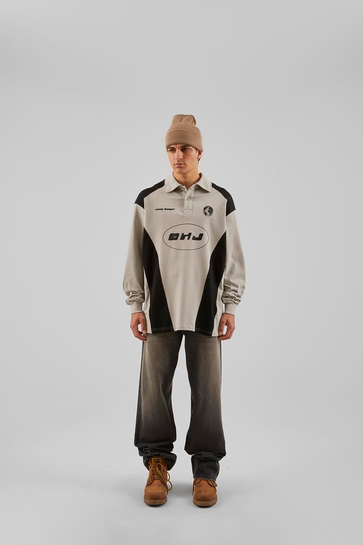 Ohj Baskılı Polo Yaka Buz Gri Long Sleeve Tişört