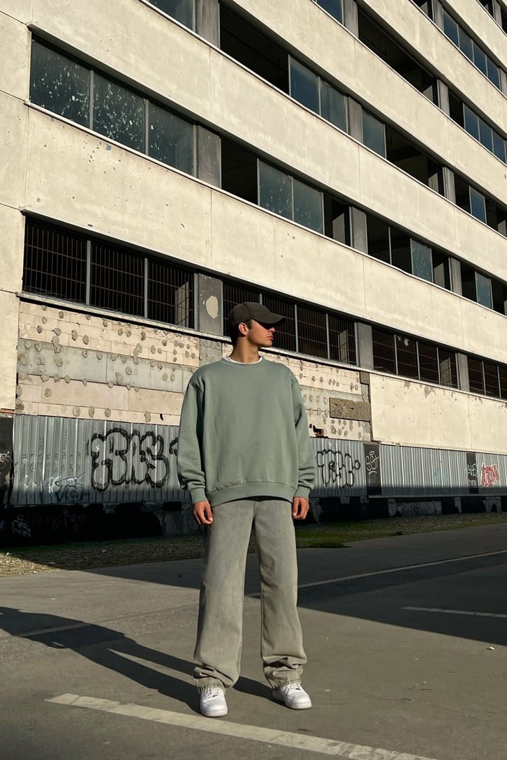 Omuz Vatkalı Basic Yeşil Sweatshirt