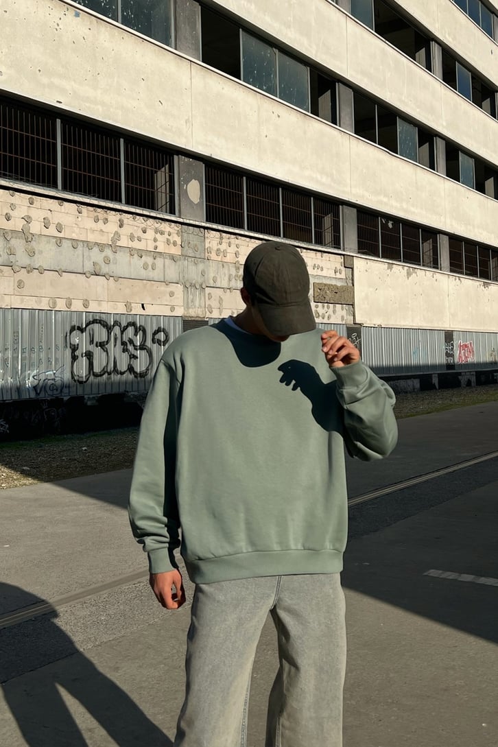 Omuz Vatkalı Basic Yeşil Sweatshirt