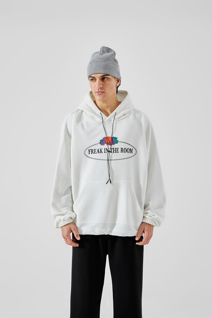 Ön Baskılı Beyaz Oversize Hoodie