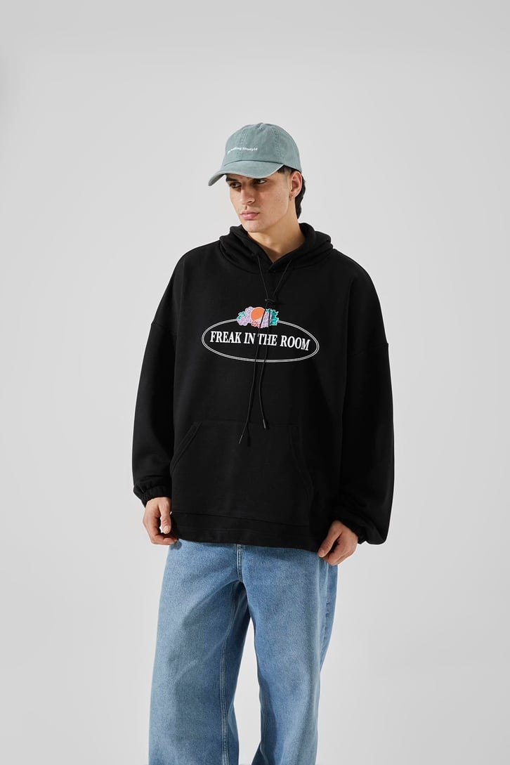 Ön Baskılı Siyah Oversize Hoodie