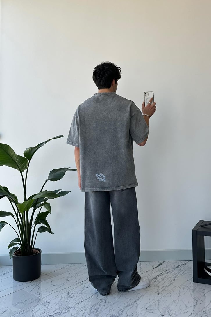 Ön Baskılı Washed Antrasit Oversize Tişört