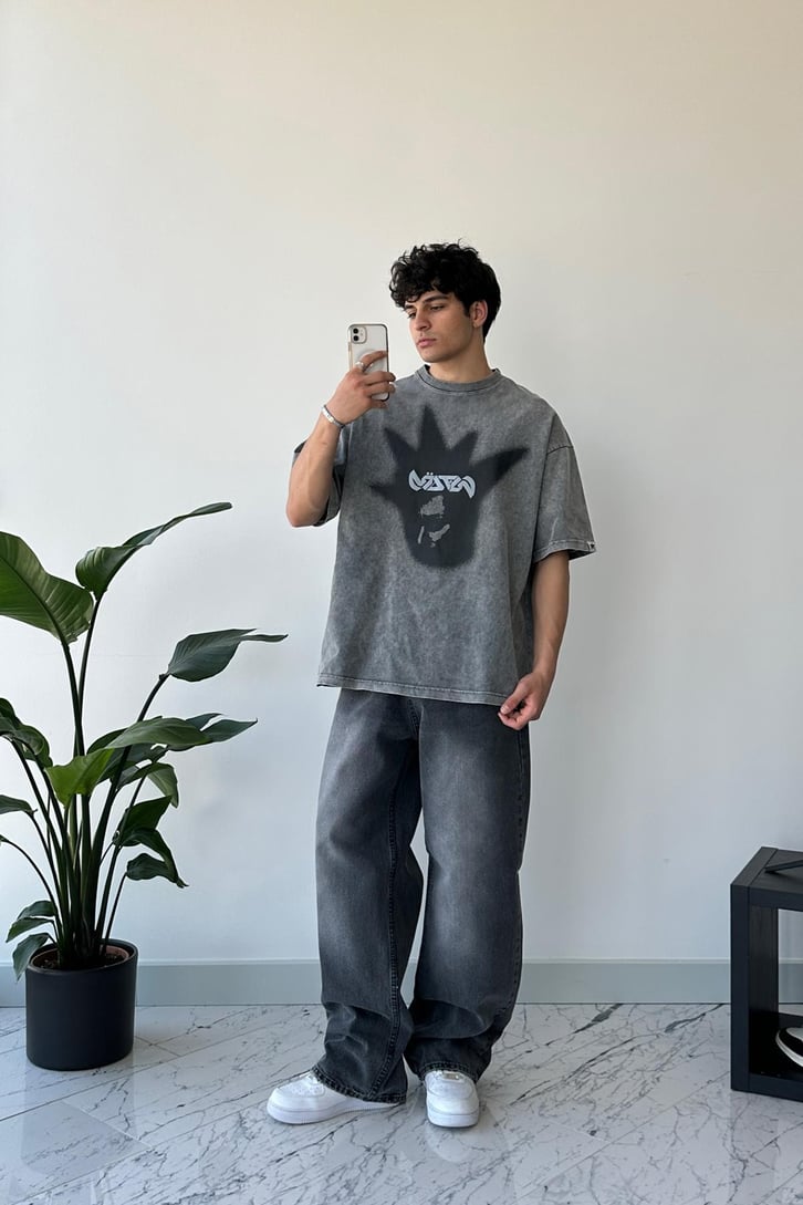 Ön Baskılı Washed Antrasit Oversize Tişört